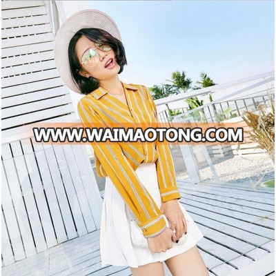 New Korean Version Women Clothing striped Deep v neck Chiffon T Shirt