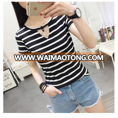 Girls Cheap Plain v neck stripe t shirt with ring low moq wholesale price